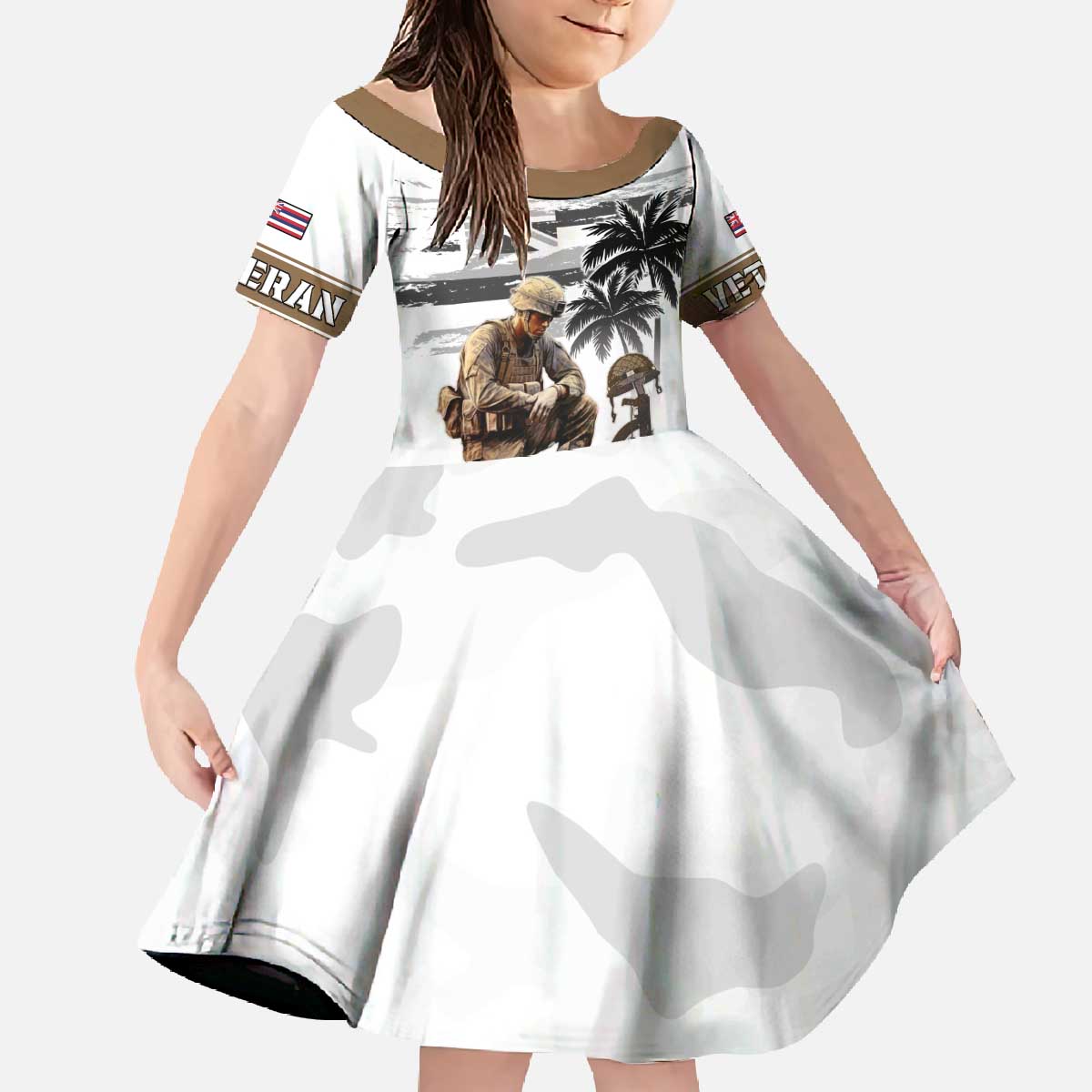 Hawaii Veterans Day Family Matching Off The Shoulder Long Sleeve Dress and Hawaiian Shirt Honor The Fallen Flag Grunge Style LT05 Daughter's Dress White - Polynesian Pride
