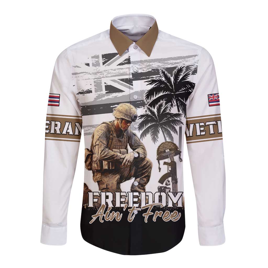 Hawaii Veterans Day Long Sleeve Button Shirt Honor The Fallen Flag Grunge Style LT05 Unisex White - Polynesian Pride