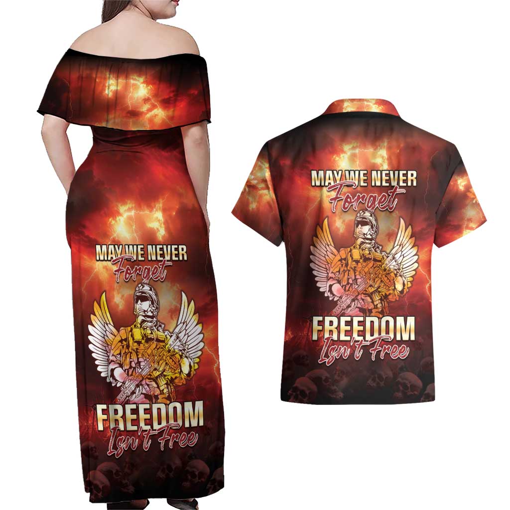 Hawaii Veterans Day Couples Matching Off Shoulder Maxi Dress and Hawaiian Shirt May We Never Forget Freedom Isn't Free