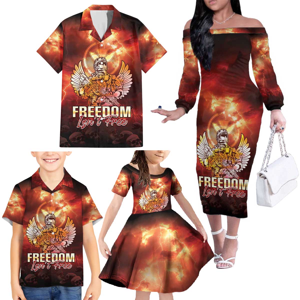 Hawaii Veterans Day Family Matching Off The Shoulder Long Sleeve Dress and Hawaiian Shirt May We Never Forget Freedom Isn't Free LT05 - Polynesian Pride