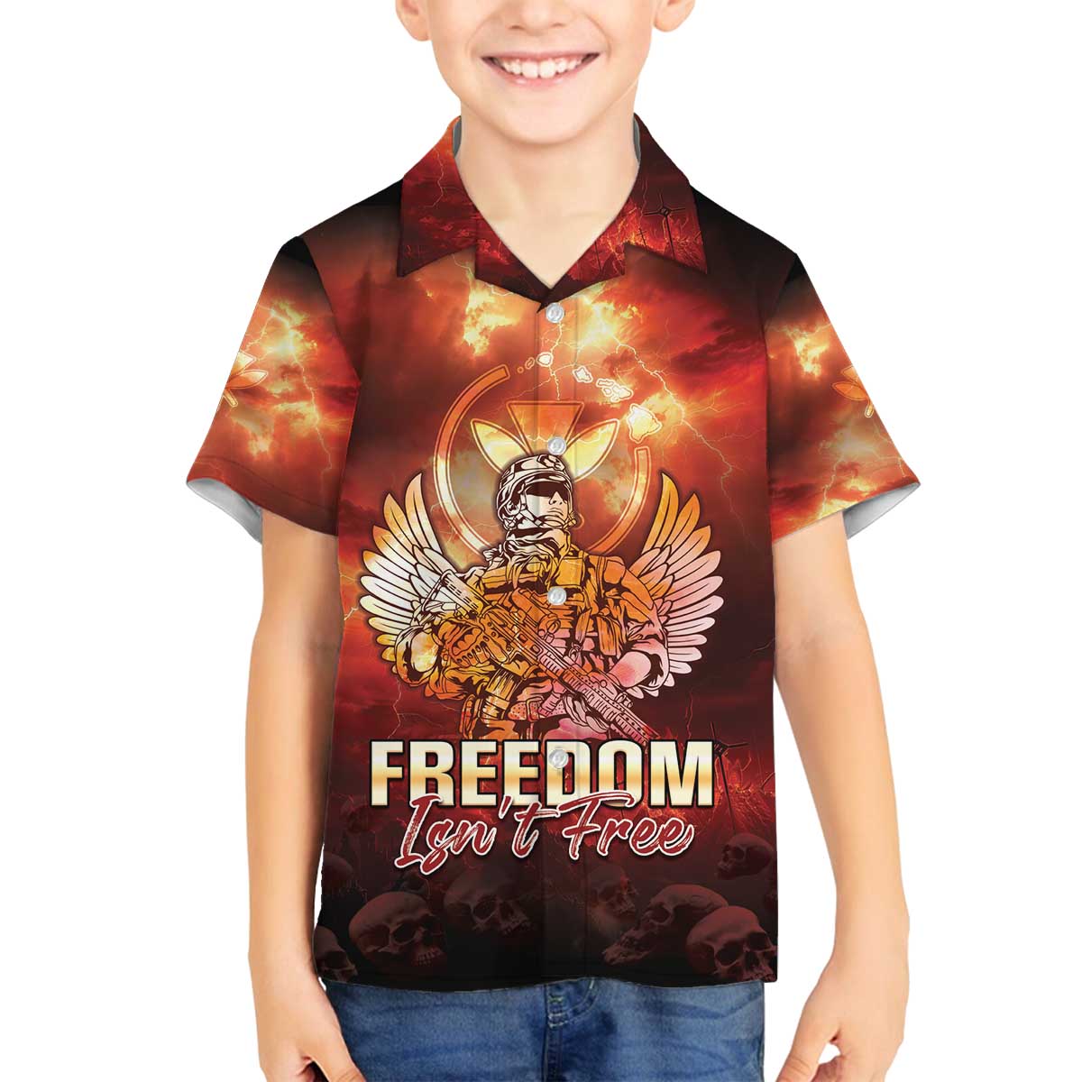 Hawaii Veterans Day Family Matching Off The Shoulder Long Sleeve Dress and Hawaiian Shirt May We Never Forget Freedom Isn't Free LT05 Son's Shirt Red - Polynesian Pride