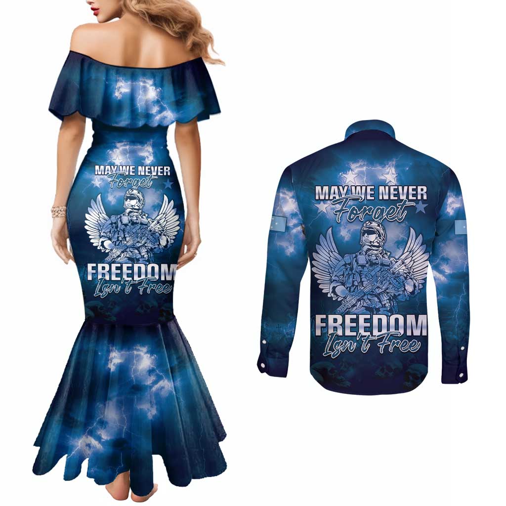 Federated States of Micronesia Veterans Day Couples Matching Mermaid Dress and Long Sleeve Button Shirt May We Never Forget Freedom Isn't Free