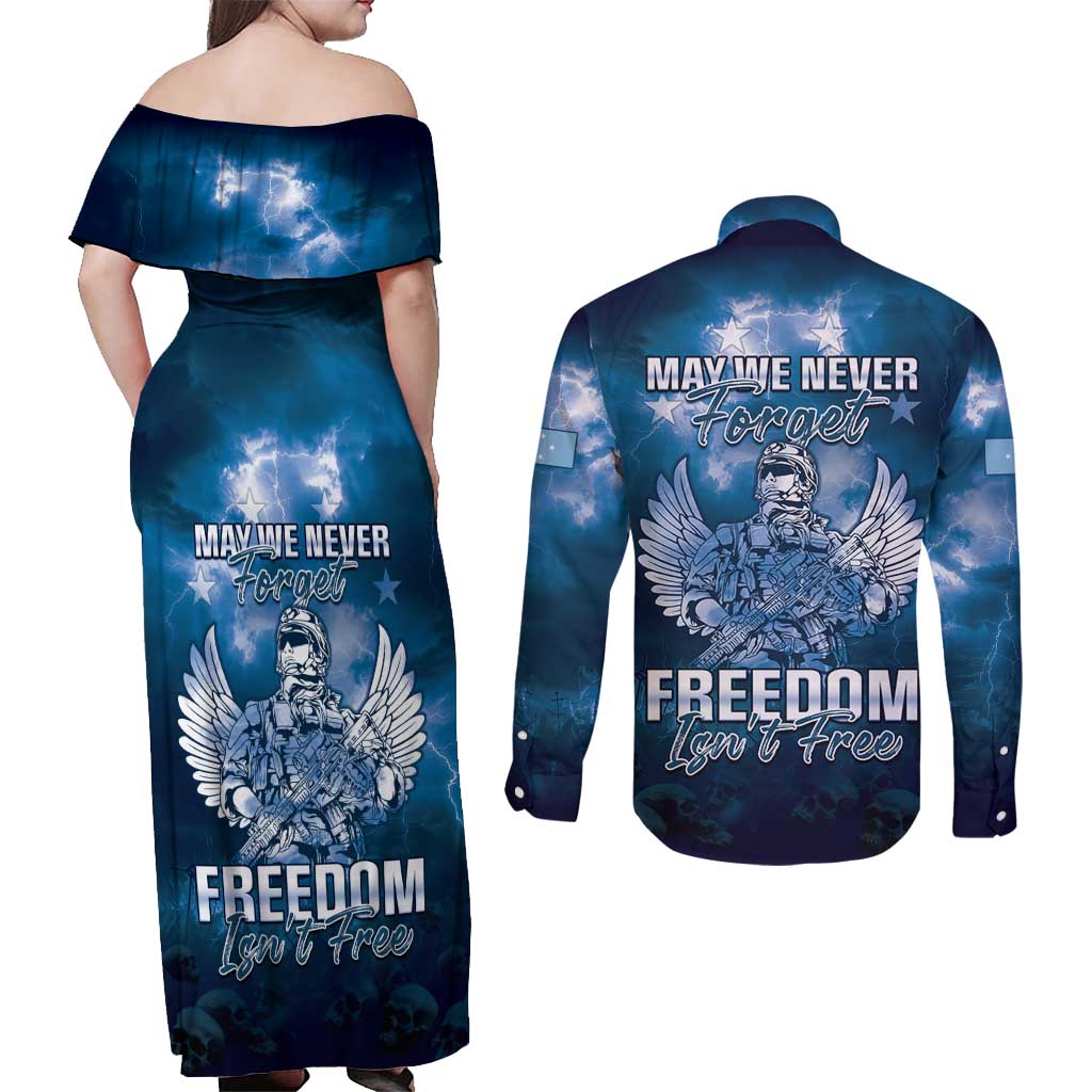 Federated States of Micronesia Veterans Day Couples Matching Off Shoulder Maxi Dress and Long Sleeve Button Shirt May We Never Forget Freedom Isn't Free