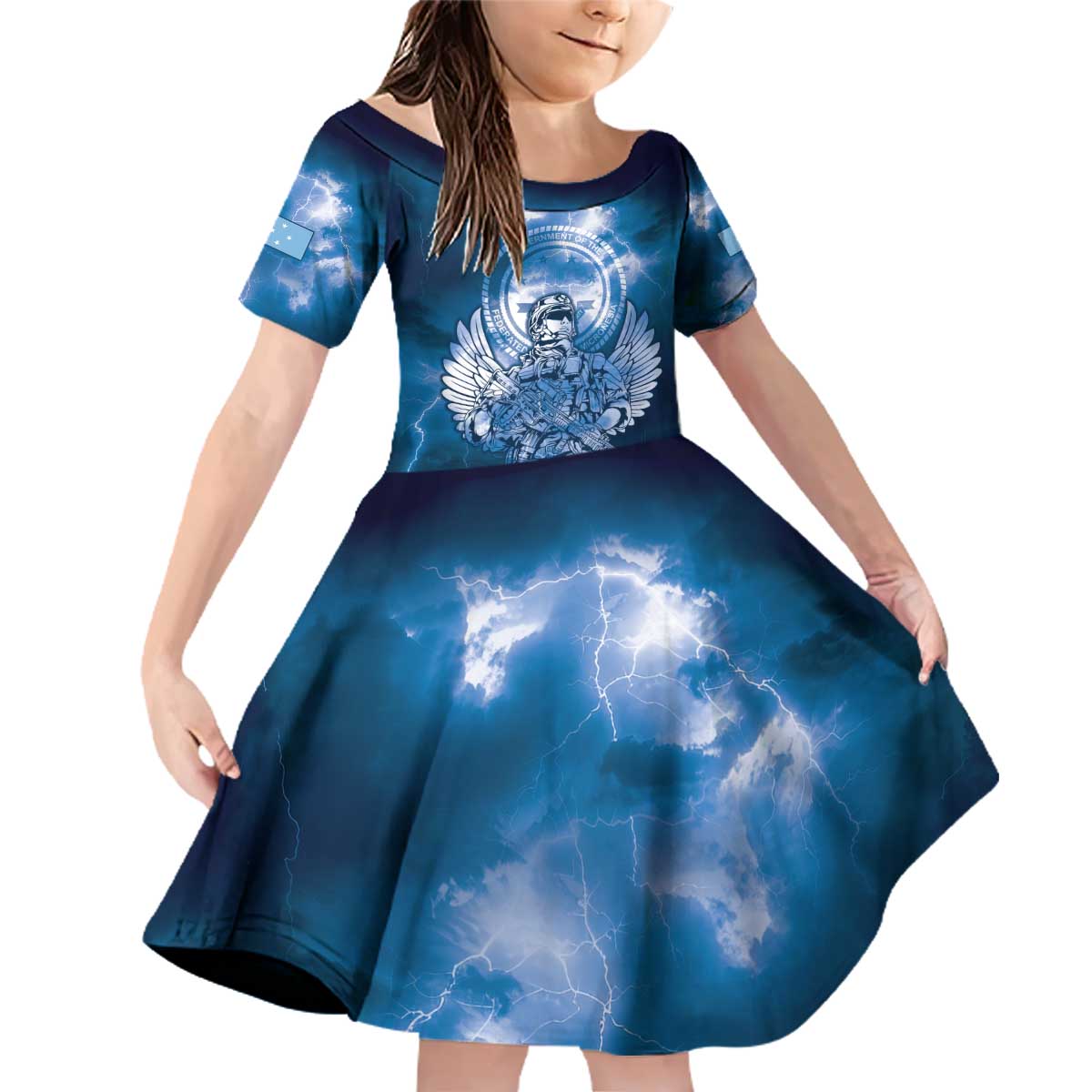 Federated States of Micronesia Veterans Day Family Matching Off Shoulder Short Dress and Hawaiian Shirt May We Never Forget Freedom Isn't Free LT05 Daughter's Dress Blue - Polynesian Pride