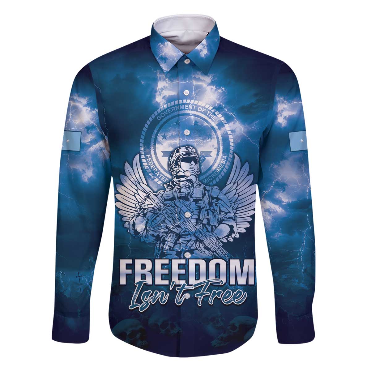 Federated States of Micronesia Veterans Day Family Matching Off Shoulder Short Dress and Hawaiian Shirt May We Never Forget Freedom Isn't Free LT05 Dad's Shirt - Long Sleeve Blue - Polynesian Pride