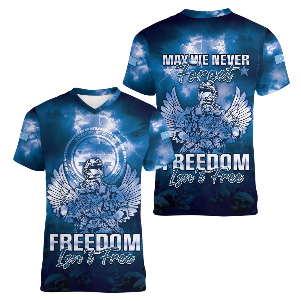 Federated States of Micronesia Veterans Day Women V-Neck T-Shirt May We Never Forget Freedom Isn't Free LT05 - Polynesian Pride