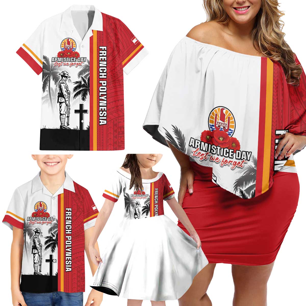 French Polynesia Armistice Day Family Matching Off Shoulder Short Dress and Hawaiian Shirt Lest We Forget Flag Style LT05 - Polynesian Pride