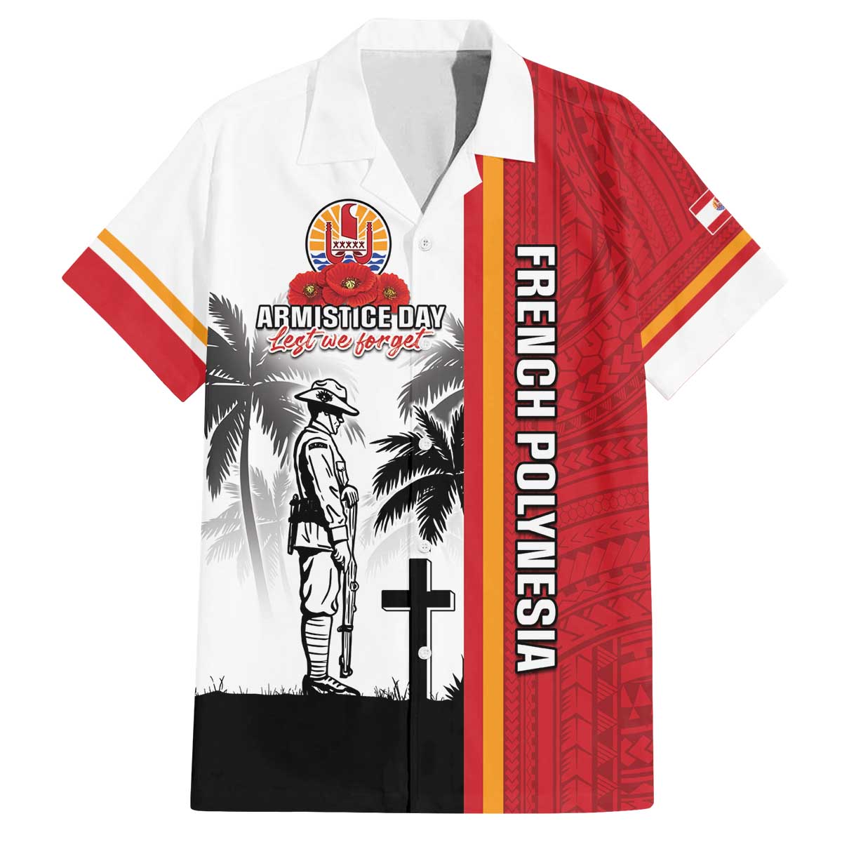 French Polynesia Armistice Day Family Matching Off Shoulder Short Dress and Hawaiian Shirt Lest We Forget Flag Style LT05 Dad's Shirt - Short Sleeve Red - Polynesian Pride