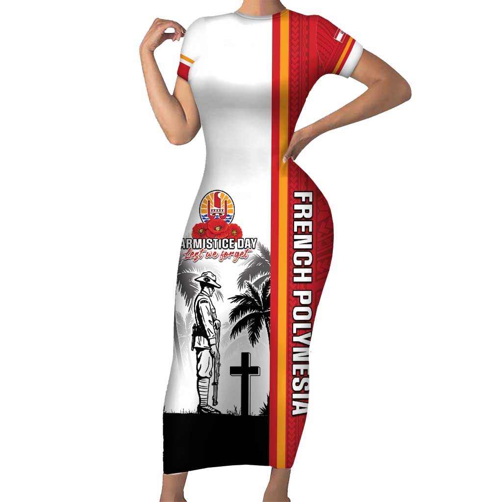 French Polynesia Armistice Day Short Sleeve Bodycon Dress Lest We Forget Flag Style LT05 Long Dress Red - Polynesian Pride