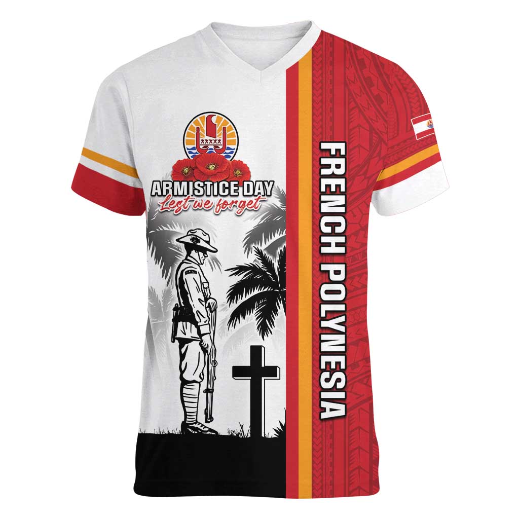 French Polynesia Armistice Day Women V-Neck T-Shirt Lest We Forget Flag Style LT05 Female Red - Polynesian Pride
