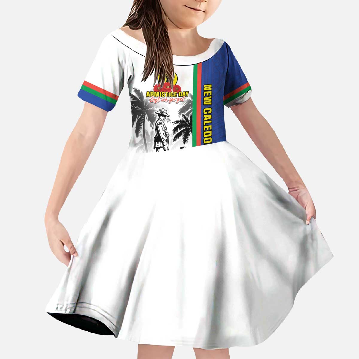New Caledonia Armistice Day Family Matching Off The Shoulder Long Sleeve Dress and Hawaiian Shirt Lest We Forget Flag Style LT05 Daughter's Dress Navy - Polynesian Pride
