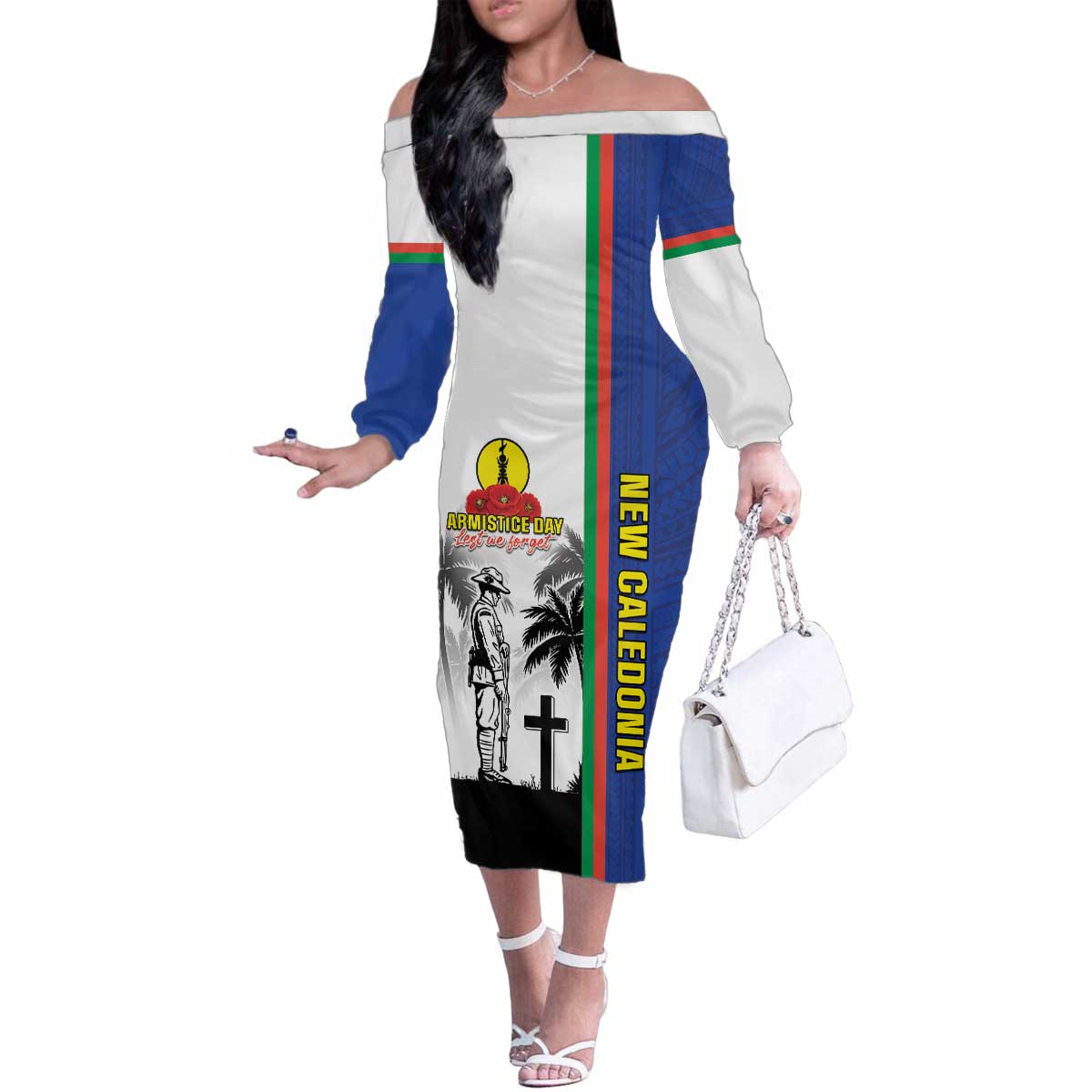 New Caledonia Armistice Day Family Matching Off The Shoulder Long Sleeve Dress and Hawaiian Shirt Lest We Forget Flag Style LT05 Mom's Dress Navy - Polynesian Pride