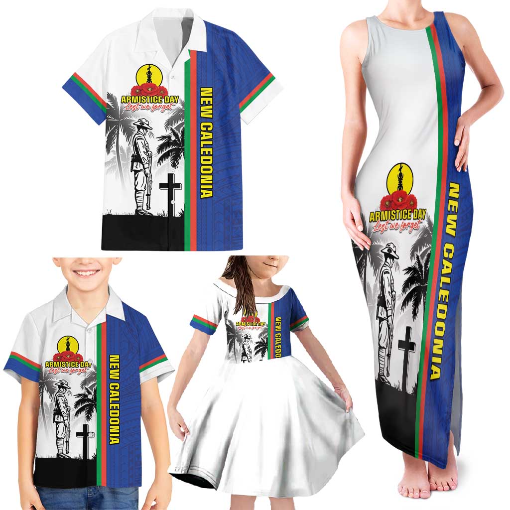 New Caledonia Armistice Day Family Matching Tank Maxi Dress and Hawaiian Shirt Lest We Forget Flag Style