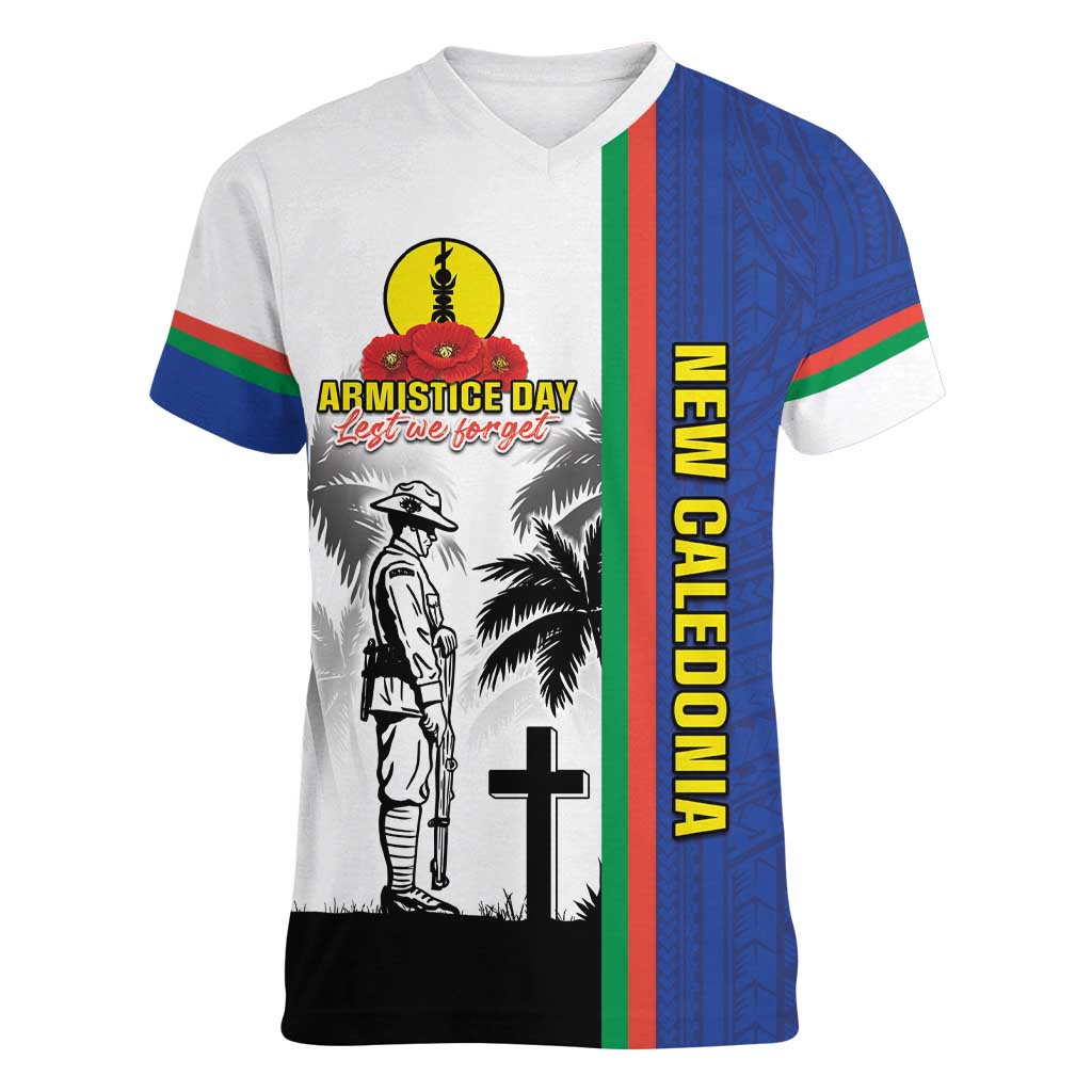 New Caledonia Armistice Day Women V-Neck T-Shirt Lest We Forget Flag Style LT05 Female Navy - Polynesian Pride