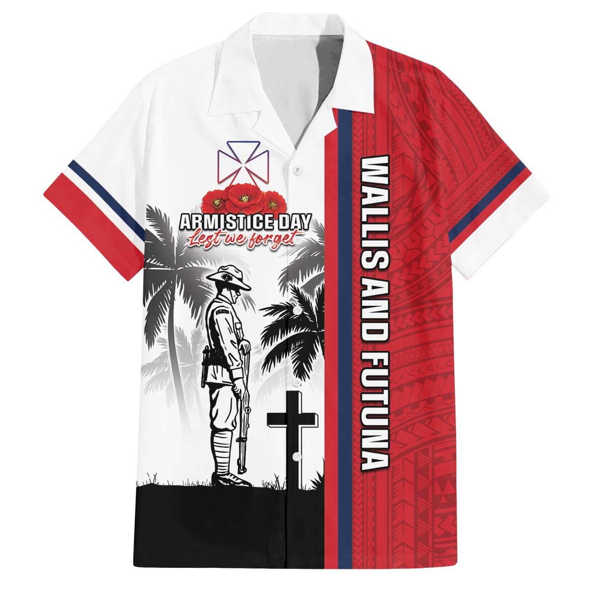 Wallis and Futuna Armistice Day Family Matching Off The Shoulder Long Sleeve Dress and Hawaiian Shirt Lest We Forget Flag Style LT05 Dad's Shirt - Short Sleeve White - Polynesian Pride