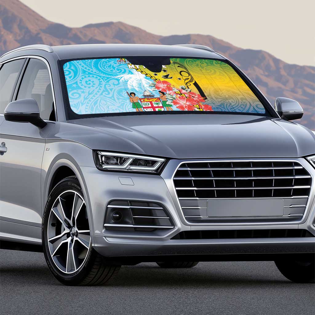 Malampa Fiji Day Auto Sun Shade Tribal Pattern With Tropical Flowers - Polynesian Pride