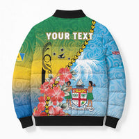 Personalised Malampa Fiji Day Bomber Puffer Jacket Tribal Pattern With Tropical Flowers - Polynesian Pride