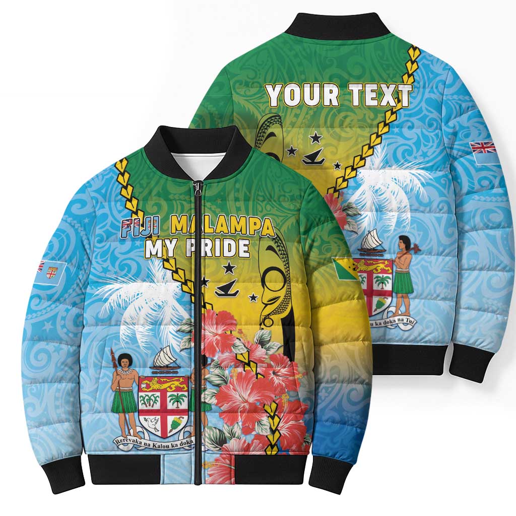 Personalised Malampa Fiji Day Bomber Puffer Jacket Tribal Pattern With Tropical Flowers - Polynesian Pride