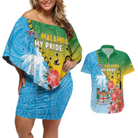 Personalised Malampa Fiji Day Couples Matching Off Shoulder Short Dress and Hawaiian Shirt Tribal Pattern With Tropical Flowers - Polynesian Pride