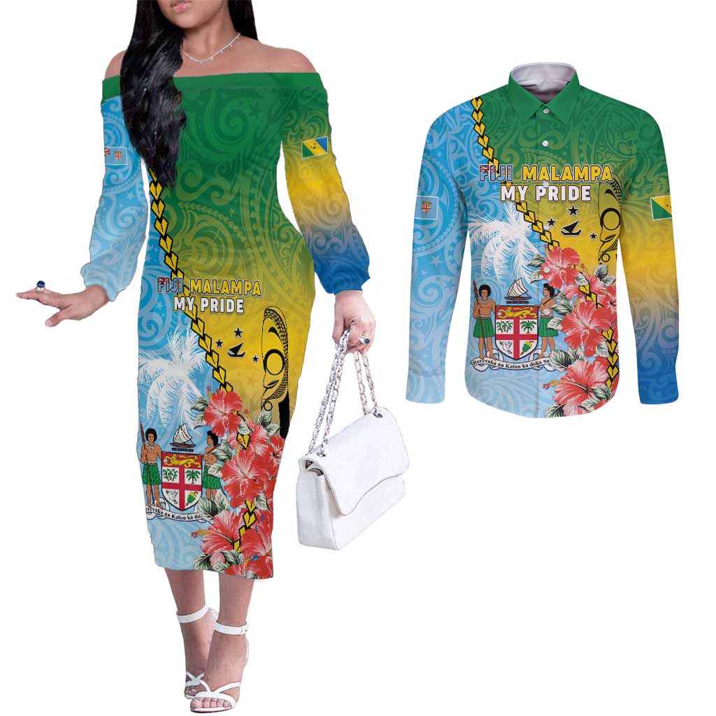 Personalised Malampa Fiji Day Couples Matching Off The Shoulder Long Sleeve Dress and Long Sleeve Button Shirt Tribal Pattern With Tropical Flowers - Polynesian Pride