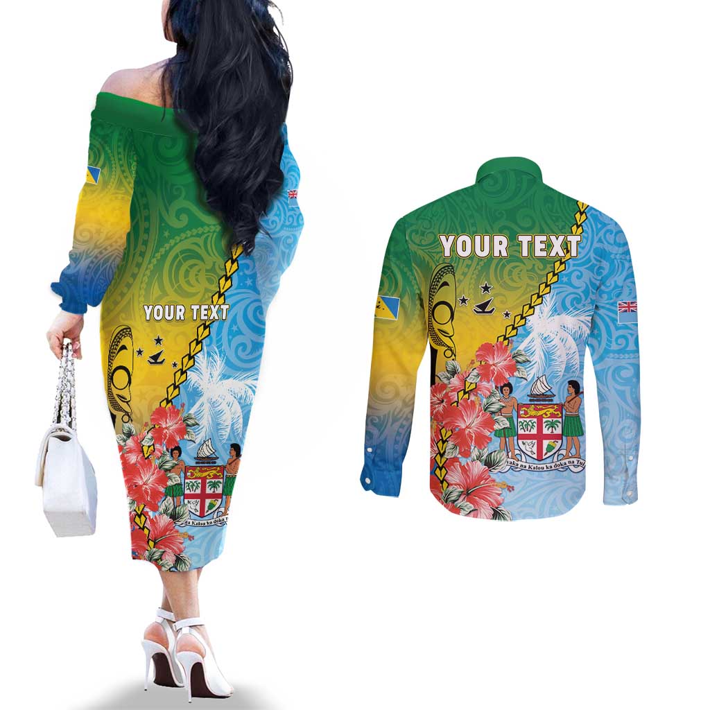 Personalised Malampa Fiji Day Couples Matching Off The Shoulder Long Sleeve Dress and Long Sleeve Button Shirt Tribal Pattern With Tropical Flowers - Polynesian Pride