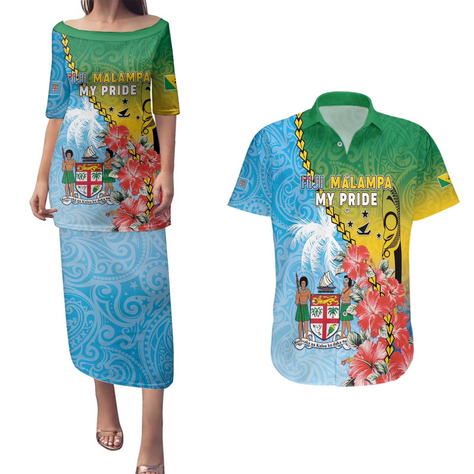 Personalised Malampa Fiji Day Couples Matching Puletasi and Hawaiian Shirt Tribal Pattern With Tropical Flowers - Polynesian Pride