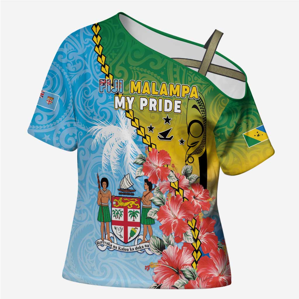 Personalised Malampa Fiji Day Cross Shoulder Shirt Tribal Pattern With Tropical Flowers - Polynesian Pride