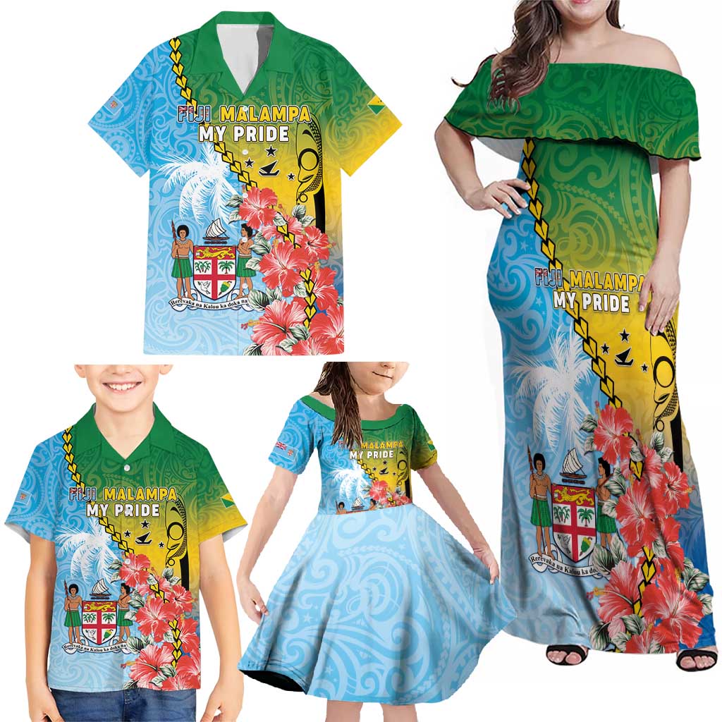 Personalised Malampa Fiji Day Family Matching Off Shoulder Maxi Dress and Hawaiian Shirt Tribal Pattern With Tropical Flowers - Polynesian Pride