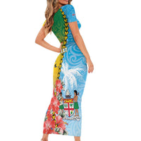 Personalised Malampa Fiji Day Family Matching Short Sleeve Bodycon Dress and Hawaiian Shirt Tribal Pattern With Tropical Flowers - Polynesian Pride