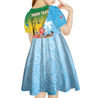 Personalised Malampa Fiji Day Kid Short Sleeve Dress Tribal Pattern With Tropical Flowers - Polynesian Pride