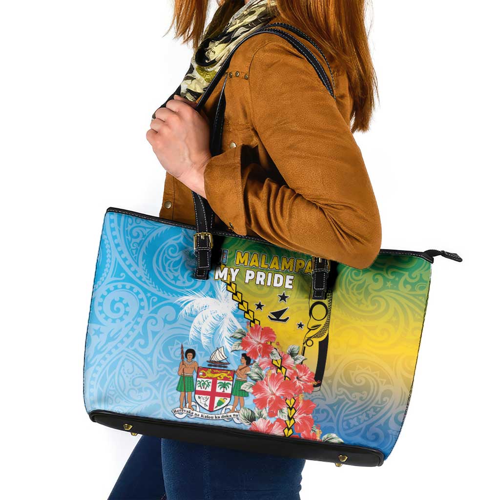 Malampa Fiji Day Leather Tote Bag Tribal Pattern With Tropical Flowers - Polynesian Pride