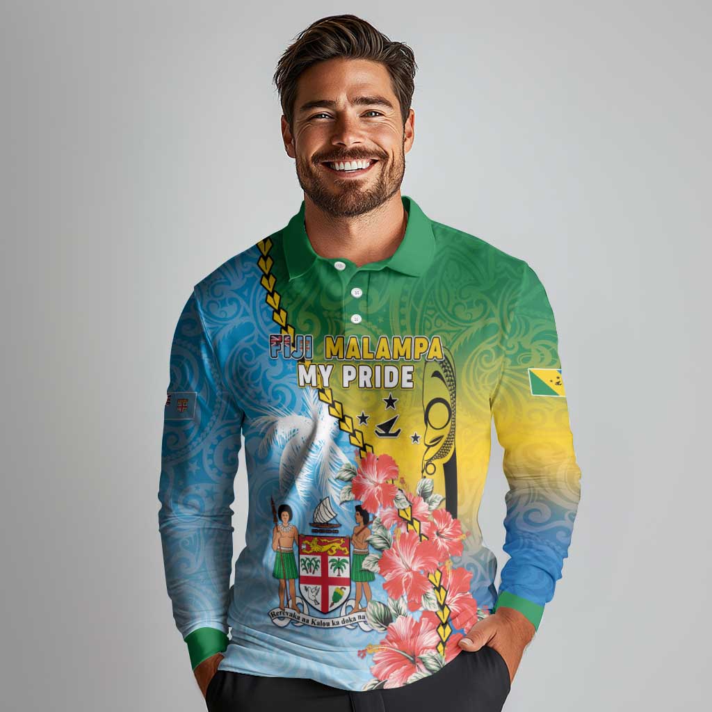 Personalised Malampa Fiji Day Long Sleeve Polo Shirt Tribal Pattern With Tropical Flowers - Polynesian Pride