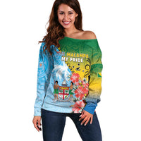 Personalised Malampa Fiji Day Off Shoulder Sweater Tribal Pattern With Tropical Flowers - Polynesian Pride