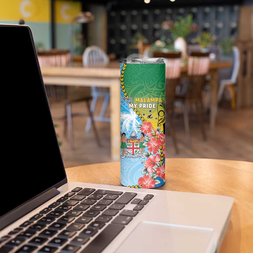 Personalised Malampa Fiji Day Skinny Tumbler Tribal Pattern With Tropical Flowers - Polynesian Pride