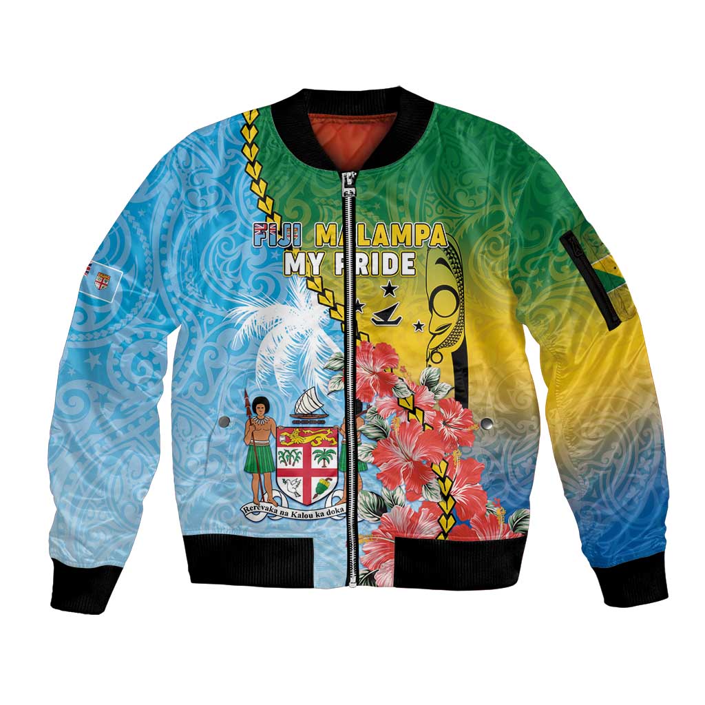 Personalised Malampa Fiji Day Sleeve Zip Bomber Jacket Tribal Pattern With Tropical Flowers - Polynesian Pride