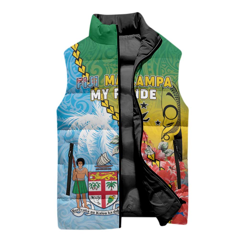 Personalised Malampa Fiji Day Sleeveless Puffer Jacket Tribal Pattern With Tropical Flowers - Polynesian Pride