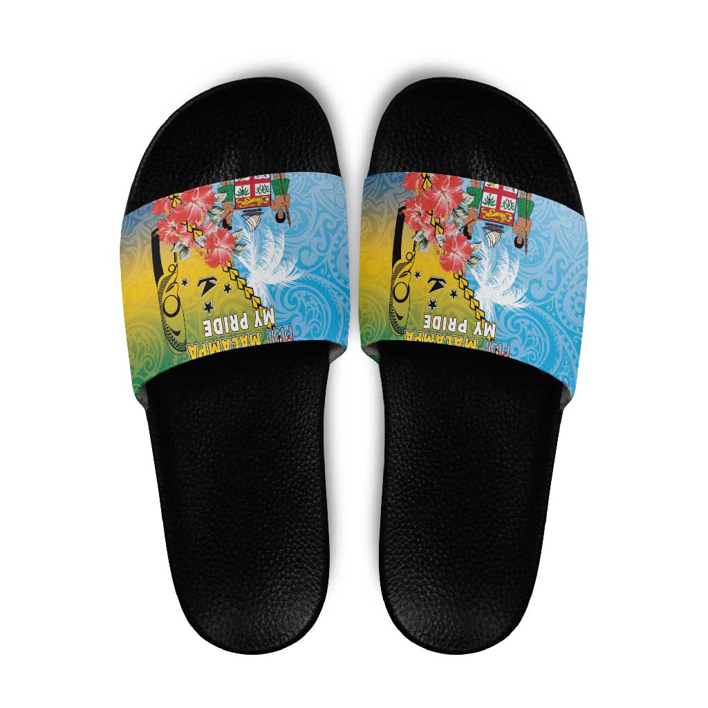 Malampa Fiji Day Slide Sandals Tribal Pattern With Tropical Flowers - Polynesian Pride
