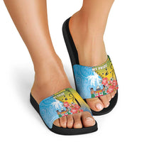 Malampa Fiji Day Slide Sandals Tribal Pattern With Tropical Flowers - Polynesian Pride