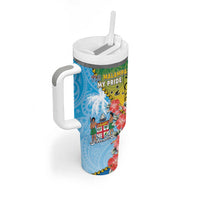 Personalised Malampa Fiji Day Tumbler With Handle Tribal Pattern With Tropical Flowers - Polynesian Pride