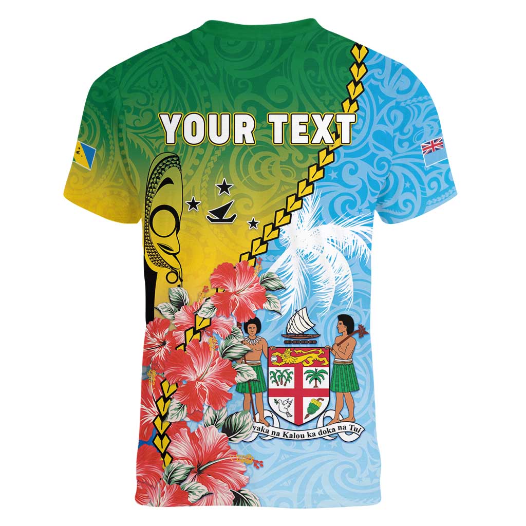 Personalised Malampa Fiji Day Women V-Neck T-Shirt Tribal Pattern With Tropical Flowers - Polynesian Pride