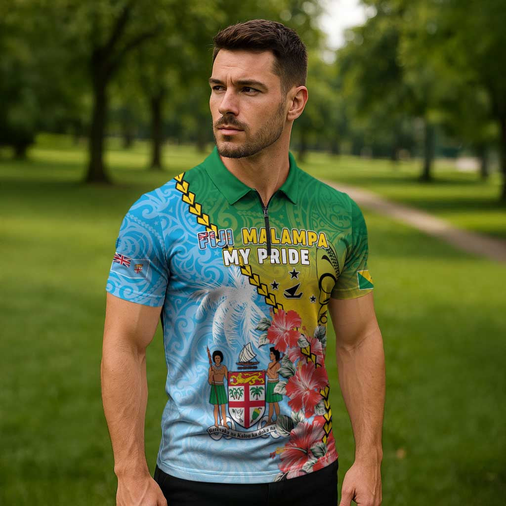 Personalised Malampa Fiji Day Zipper Polo Shirt Tribal Pattern With Tropical Flowers - Polynesian Pride