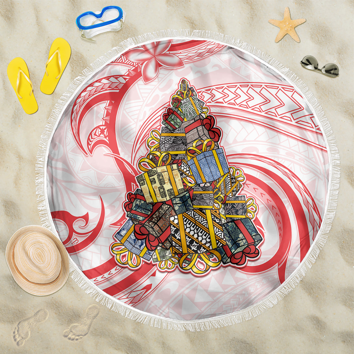 Happy Boxing Day Beach Blanket Polynesian Gift Boxes Christmas Tree LT05 One Size 150cm Red - Wonder Print Shop