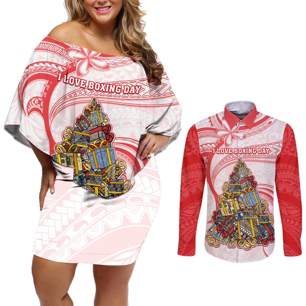 Personalized Happy Boxing Day Couples Matching Off Shoulder Short Dress and Long Sleeve Button Shirts Polynesian Gift Boxes Christmas Tree LT05 Red - Polynesian Pride