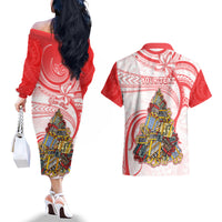 Personalized Happy Boxing Day Couples Matching Off The Shoulder Long Sleeve Dress and Hawaiian Shirt Polynesian Gift Boxes Christmas Tree LT05 - Polynesian Pride