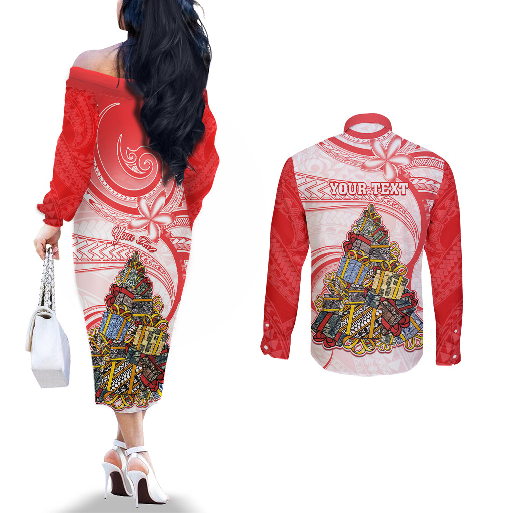 Personalized Happy Boxing Day Couples Matching Off The Shoulder Long Sleeve Dress and Long Sleeve Button Shirts Polynesian Gift Boxes Christmas Tree LT05 - Polynesian Pride