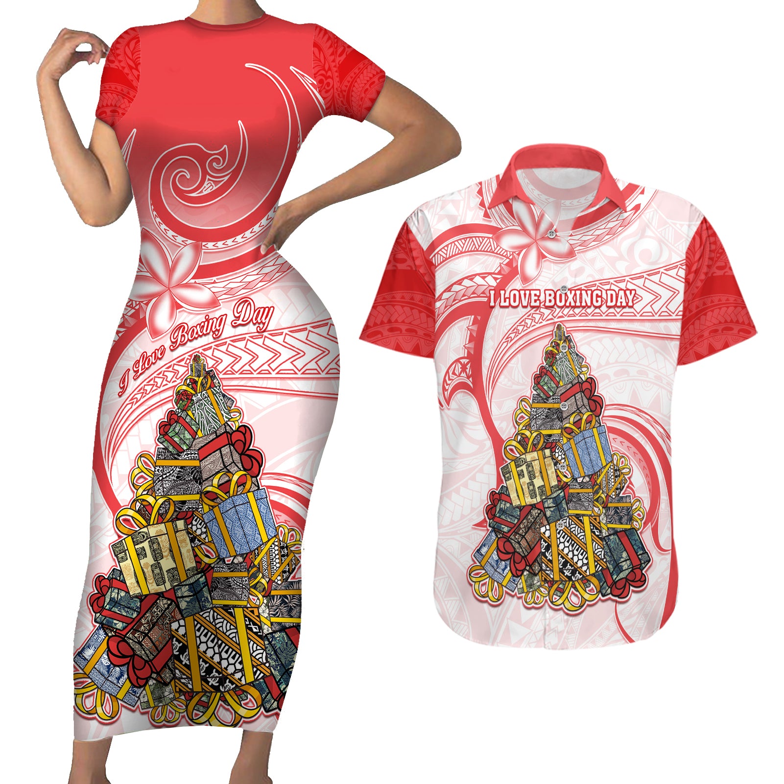 Personalized Happy Boxing Day Couples Matching Short Sleeve Bodycon Dress and Hawaiian Shirt Polynesian Gift Boxes Christmas Tree LT05 Red - Polynesian Pride