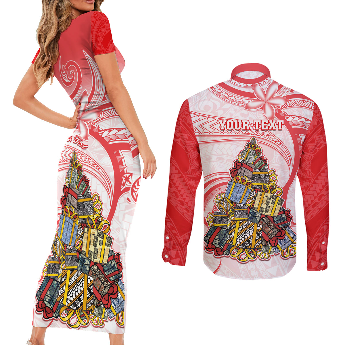 Personalized Happy Boxing Day Couples Matching Short Sleeve Bodycon Dress and Long Sleeve Button Shirts Polynesian Gift Boxes Christmas Tree LT05 - Polynesian Pride