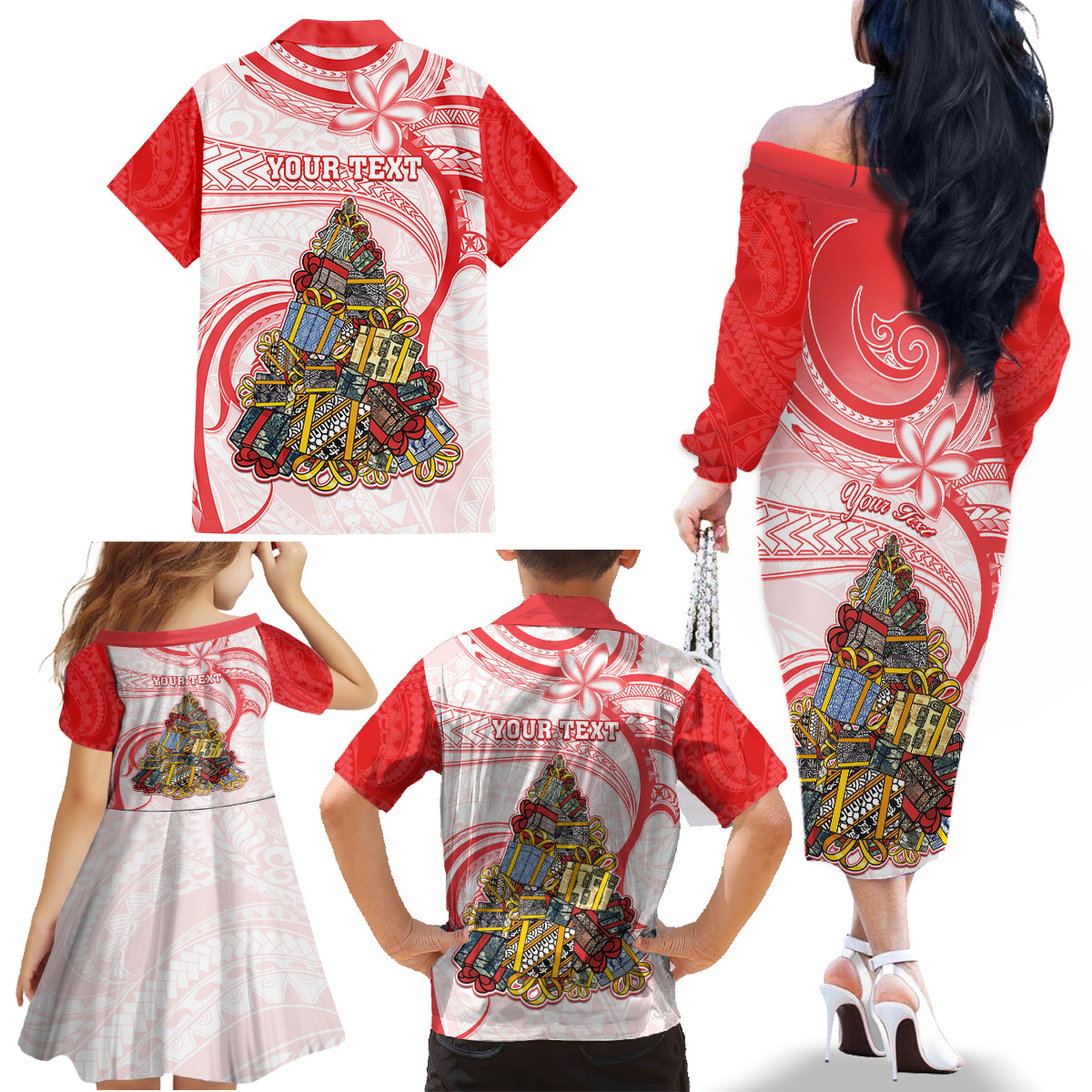 Personalized Happy Boxing Day Family Matching Off Shoulder Long Sleeve Dress and Hawaiian Shirt Polynesian Gift Boxes Christmas Tree LT05 - Polynesian Pride