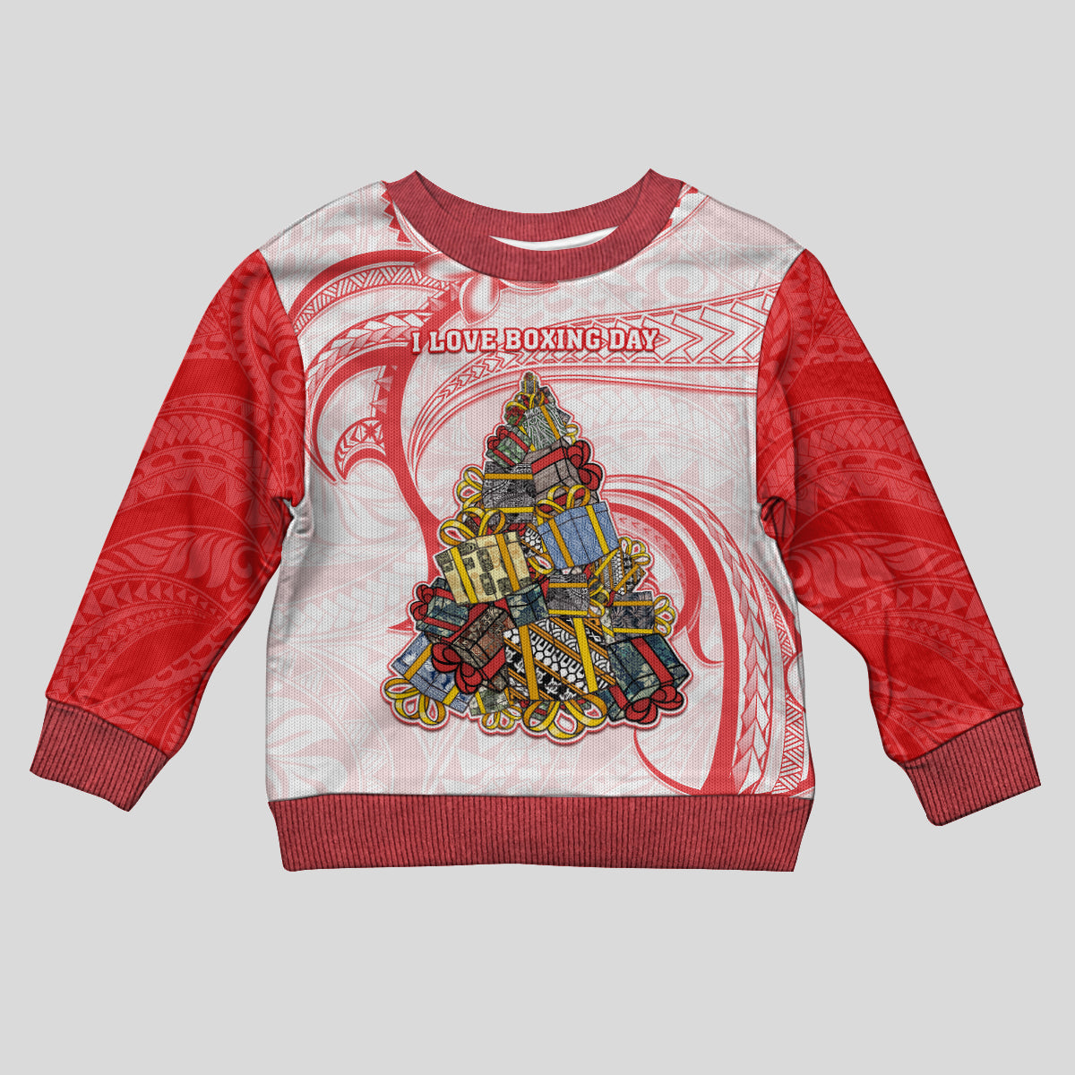 Personalised Happy Boxing Day Kid Ugly Christmas Sweater Polynesian Gift Boxes Christmas Tree LT05 Kid Red - Polynesian Pride