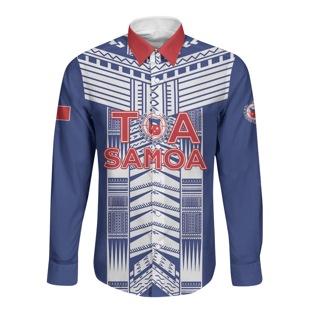 Custom Rugby Toa Samoa Long Sleeve Button Shirt Samoan Tatau Blue Version LT05 Unisex Blue - Polynesian Pride
